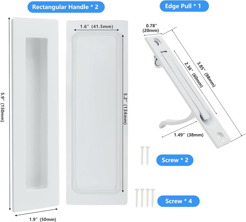 Dontay Pocket Door Pull Handle, 304 Stainless Steel, Rectangle Recessed Flush Finger Pulls & Edge Spring Pull, No Lock,Hardware Set for More Than 1-1/8” Thickness Sliding Door (1 Set,White,6'') - Image 2